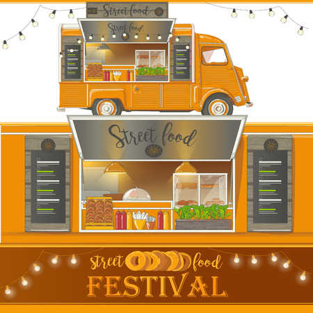 Street food van. Fast food delivery. Vector illustration isolated on white backgroundのイラスト素材
