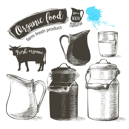 bottles and jars with fresh milk products can container for milk isolated on white backgroundのイラスト素材