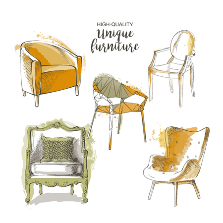 Set of hand drawn furniture and interior detail chairs vector sketchのイラスト素材