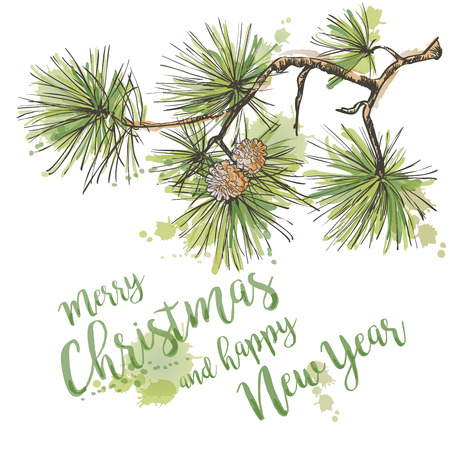 Merry Christmas greeting card.Pine branch with cone hand drawn vector illustration Holiday design for greeting cards, calendars, posters, prints, invitations.のイラスト素材