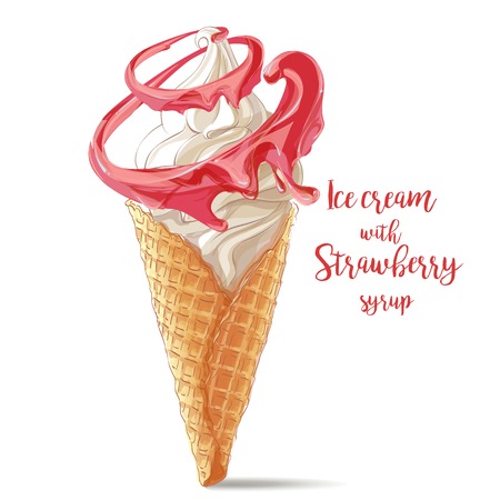 Vector ice cream in waffle cone with strawberry spiralのイラスト素材