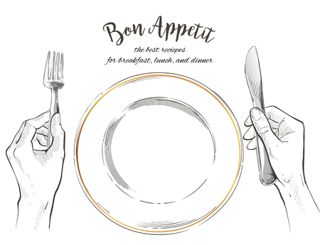 Overhead hands holding a knife and fork by a white plate on a table on white background. Fork and knife in hand Vector illustration. Cutlery manual sketch line drawing.のイラスト素材