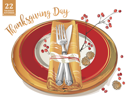 Thanksgiving poster template with cutlery set: forks, knives, spoons, empty plate wine glass. Watercolor isolated illustration on white background.のイラスト素材