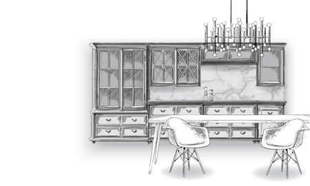 Banner of hand drawn furniture kitchen, apartment, promotion, sale, adsのイラスト素材
