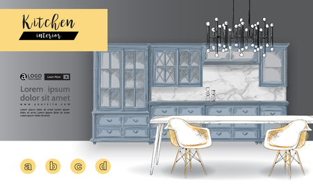 Banner of hand drawn furniture kitchen, apartment, promotion, sale, adsの写真素材