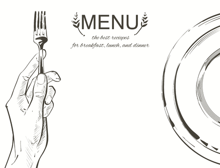 Overhead hands holding a knife and fork by a white plate on a table on white background. Fork and knife in hand Vector illustration. Cutlery manual sketch line drawing.のイラスト素材