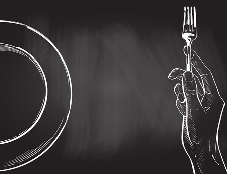 Overhead hands holding a knife and fork by a white plate on a table on white background. Fork and knife in hand vector chalk drawing on the blackboard illustration. Cutlery manual sketch line drawing.のイラスト素材