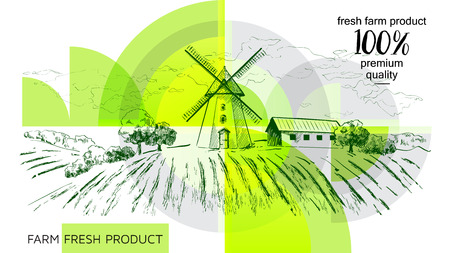 Rural dutch landscape with windmill and wheat field. Set of traditional windmill. Bakery shop, organic agricultural production, ecological food. Vector hand drawn vintage sketch. - Vector illustrationのイラスト素材