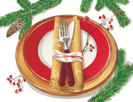 Vector Christmas table decorating setting. Festive cutlery set: fork, knife, empty plate on tablecloth with spruce branch. Menu. Top view. Color isolated illustration on red background.のイラスト素材