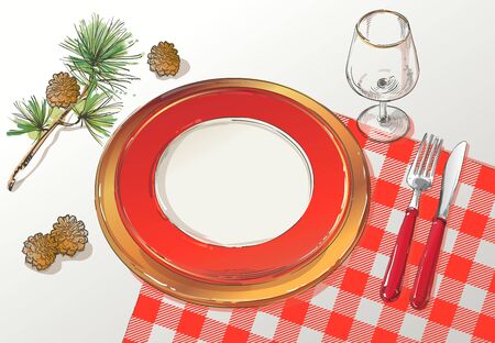 Christmas table decorating setting. Vector Festive cutlery set: fork, knife, empty plate on tablecloth with spruce branch. Menu. Top view. Color isolated illustration on red background.のイラスト素材