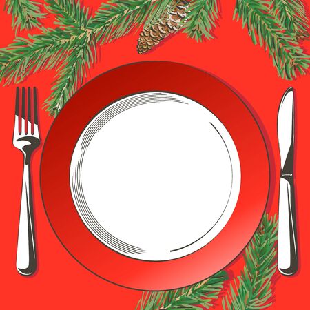 Christmas table decorating setting. Vector Festive cutlery set: fork, knife, empty plate on tablecloth with spruce branch. Menu. Top view. Color isolated illustration on red background.のイラスト素材