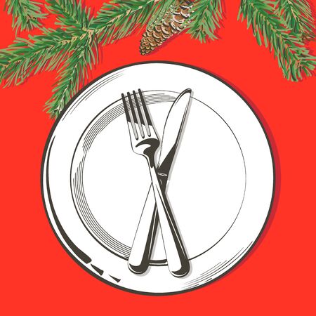 Christmas table decorating setting. Vector Festive cutlery set: fork, knife, empty plate on tablecloth with spruce branch. Menu. Top view. Color isolated illustration on red background.のイラスト素材