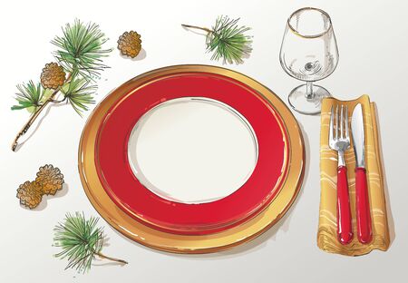 Christmas table decorating setting. Vector Festive cutlery set: fork, knife, empty plate on tablecloth with spruce branch. Menu. Top view. Color isolated illustration on red background.のイラスト素材