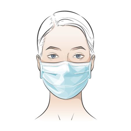 Woman wearing disposable medical surgical face mask to protect against high air toxic pollution city. stop the spread of viruses, help prevent hand-to-mouth transmissions. Vector illustrationのイラスト素材