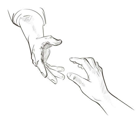 Helping hand concept. Gesture, sign of help and hope. Two hands taking each other. Isolated watercolor, line illustration on white background.のイラスト素材