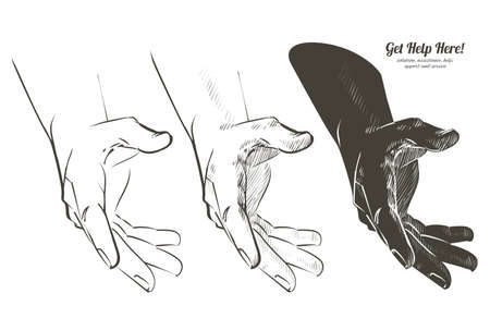 Helping hand concept. Gesture, sign of help and hope. Two hands taking each other. Isolated watercolor, line illustration on white background.のイラスト素材