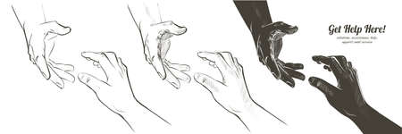 Helping hand concept. Gesture, sign of help and hope. Two hands taking each other. Isolated watercolor, line illustration on white background.のイラスト素材