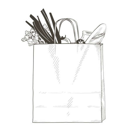 Vector brown craft shopping paper bag. Mock up. Pay online by internet, concept. Safe delivery courier service order. Takeaway food meal package. Sketch illustrationのイラスト素材