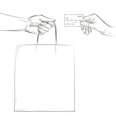 Hand holding paper bag and credit card. Giving brown craft shopping package mock up. Business Safe delivery courier service order. Pay online by internet concept. Takeaway food meal. Vector sketchのイラスト素材