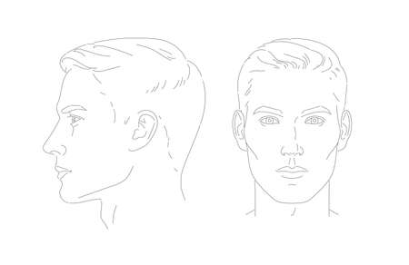 vector Set of man face portrait three different angles and turns of a male head. Close-up line sketch. Different view front, profile, three-quarter of a boy.のイラスト素材