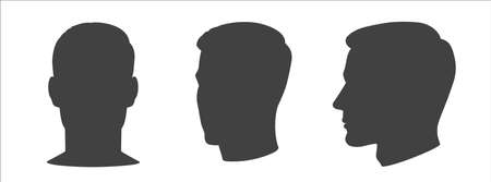Vector Set of man face silhouette. Different angles Front and profile view. Male portrait of young beautiful boy with trendy hairdo. Vector line sketch illustration.のイラスト素材