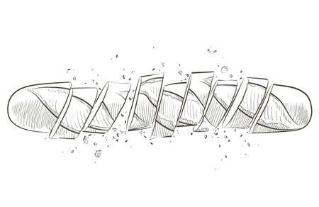 French bread baguette. Long loaf. Rye whole grain baked bread. Vector sketch realistic line vintage illustration.のイラスト素材