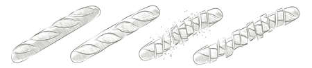 French bread baguette. Long loaf. Rye whole grain baked bread. Vector sketch realistic line vintage illustration.のイラスト素材