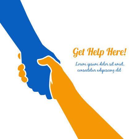 Vector hand concept. Gesture, sign of help and hope. Two hands taking each other, blue yellow flag colors. Support ukrainian refugees. Helping Ukraine.のイラスト素材