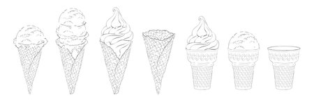 ice-cream scoops in waffle cones with assorted balls of vanilla, citrus, strawberry, mint, chocolate. Vector realistic line illustrationのイラスト素材