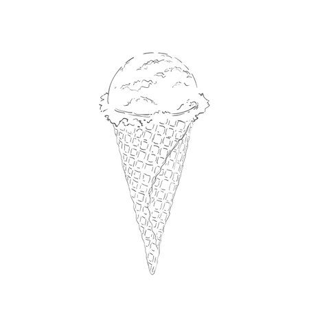 ice-cream scoops in waffle cones with assorted balls of vanilla, citrus, strawberry, mint, chocolate. Vector realistic line illustrationのイラスト素材