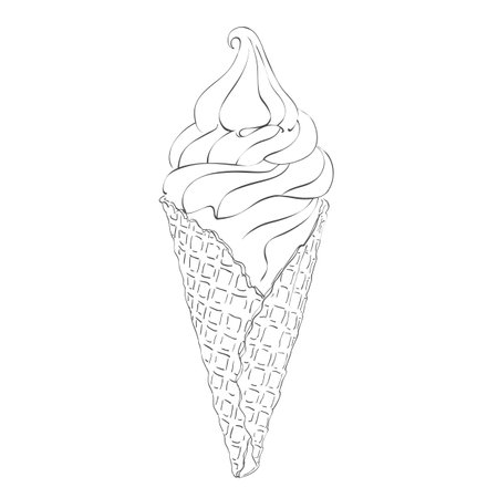 ice-cream scoops in waffle cones with assorted balls of vanilla, citrus, strawberry, mint, chocolate. Vector realistic line illustrationのイラスト素材