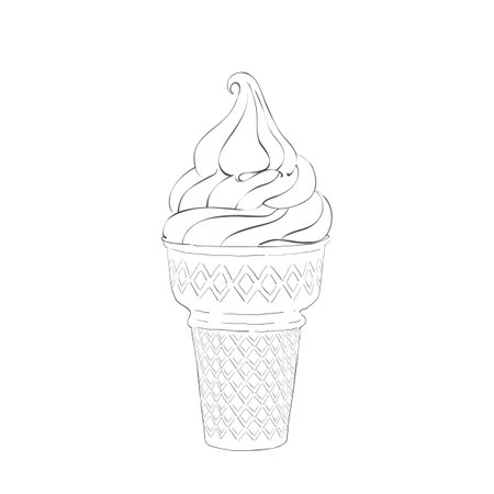 ice-cream scoops in waffle cones with assorted balls of vanilla, citrus, strawberry, mint, chocolate. Vector realistic line illustrationのイラスト素材