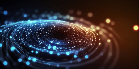 Defocused image of blue and orange fiber optics lights abstract backgroundの素材