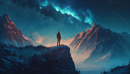 Silhouette of a man standing on a rocky and snowy mountain at night and looking at Milky Way. Illustration painting.の素材