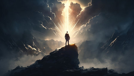 Silhouette of a man standing on a cliff looking at a beam of light from the sky. Digital art.の素材