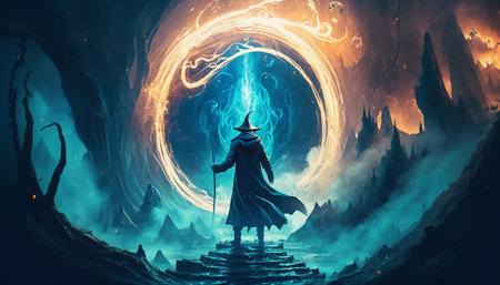 Wizard in front of a vortex created with a water and fire spell. Digital art style.の素材