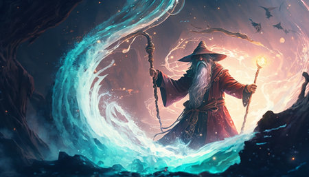 Wizard conjure up a huge water vortex in the background. Digital illustration.の素材