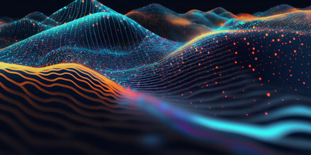 A computer generated image of a mountain made of bits and energy.の素材