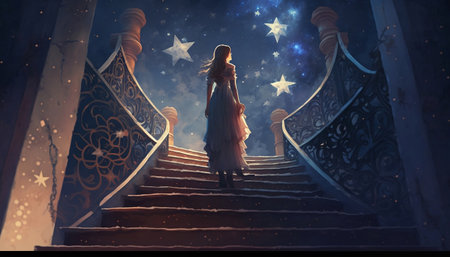 Woman standing on a fantasy staircase reaching the stars in the sky.の素材