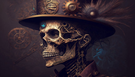 Steampunk skull face portrait with a hat. Digital art style.の素材