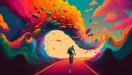 Man riding a bicycle surrounded by colorful energy in a fantasy world. Digital illustration.の素材