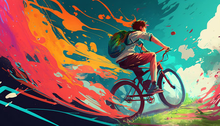 Boy riding a bicycle with a backpack in summer. illustration paintingの素材