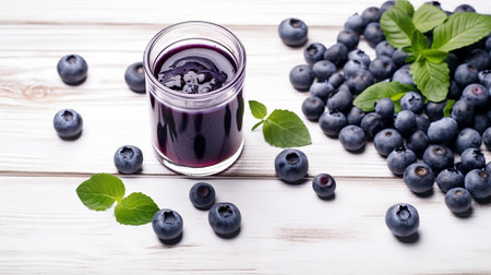 Glass of blueberry juice with some fresh berries and mint leaves on a white wooden table.の素材