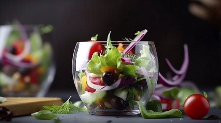 Glass bowl with a healthy and fresh salad with lettuce, tomatoes, olives, onion and much more.の素材