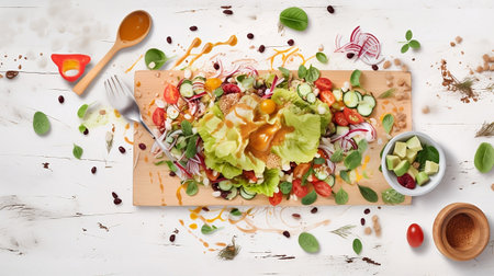 Gourmet salad on a rustic white wooden table. Top view for banner, copy space and background.の素材