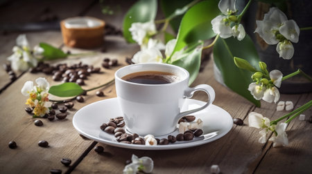 Espresso Coffee Cup with Beans on a rustic white wooden table with Spring Flowersの素材
