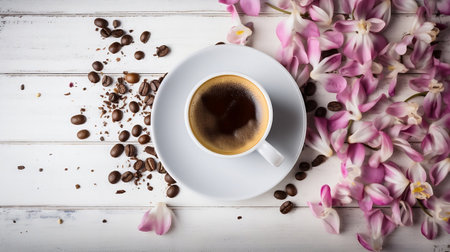 Espresso Coffee with Beans on a rustic white wooden table with pink Flowers.の素材