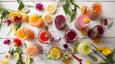 Healthy juices on a rustic white wooden table with Spring Flowersの素材