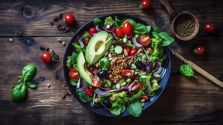 Vitamin rich salad with tomatoes, avocado, lettuce, onions and more vegetables on a rustic white wooden table.の素材
