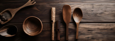Wooden kitchen utensils on top of an old wooden table.の素材